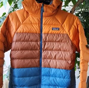 Patagonia Kids Reversible Down Hoody Jacket- XL size 14 (NWT)-Blue Orange Brown